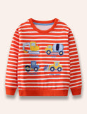 Engineering Vehicle Appliqué Striped Sweatshirt