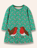 Floral Cartoon Birdy Appliqué Dress