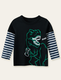 Angry Dinosaur Printed Fake Two-Piece Long-Sleeved T-shirt