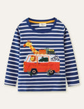 Animal Bus Appliqué Striped Long Sleeve T-shirt - Bebehanna