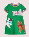 Appliqué Short Sleeve Dress Highland Green Cats - Bebehanna