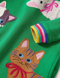 Appliqué Short Sleeve Dress Highland Green Cats - Bebehanna