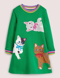 Appliqué Sweatshirt Dress Highland Green Cats - Bebehanna