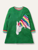Appliqué Sweatshirt Dress Highland Green Cats - Bebehanna