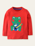 Cartoon Frog Appliqué T-Shirt mat laangen Ärmelen