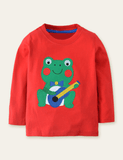 Cartoon Frog Appliqué T-léine Muinchille Fada