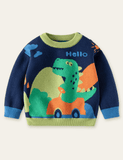 Suéter com padrão de dinossauro dirigindo