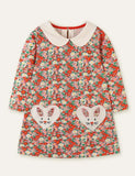 Floral Printed Rabbit Appliqué Long Sleeve Dress - Bebehanna