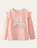 Camiseta de manga comprida bordada com aplique floral de coelho