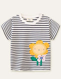 Flower Appliqué Striped T-shirt - Bebehanna