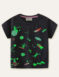 Glühende Space World Gedréckt T-Shirt