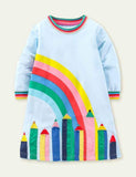 Vestido de manga comprida com aplique lápis arco-íris