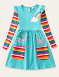 Vestido de manga comprida borboleta unicórnio com lantejoulas arco-íris