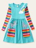 Rainbow Sequined Unicorn Butterfly Long Sleeve Dress - Bebehanna