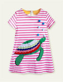 Turtle Appliqué Short-Sleeved Striped Dress - Bebehanna