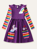 Unicorn Flowers Appliqué Rainbow Long Sleeve Dress - Bebehanna